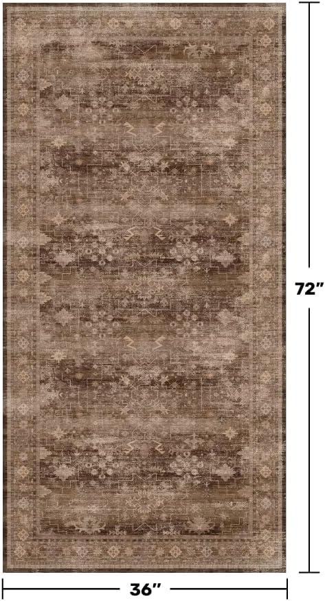 Brown Boho Washable 3x6 Large Kitchen Runner Rug, Indoor Entryway Home Office Floor Rug, Non-Slip Stain & Fade Resistant, Vintage Dark Neutral Floral Decor