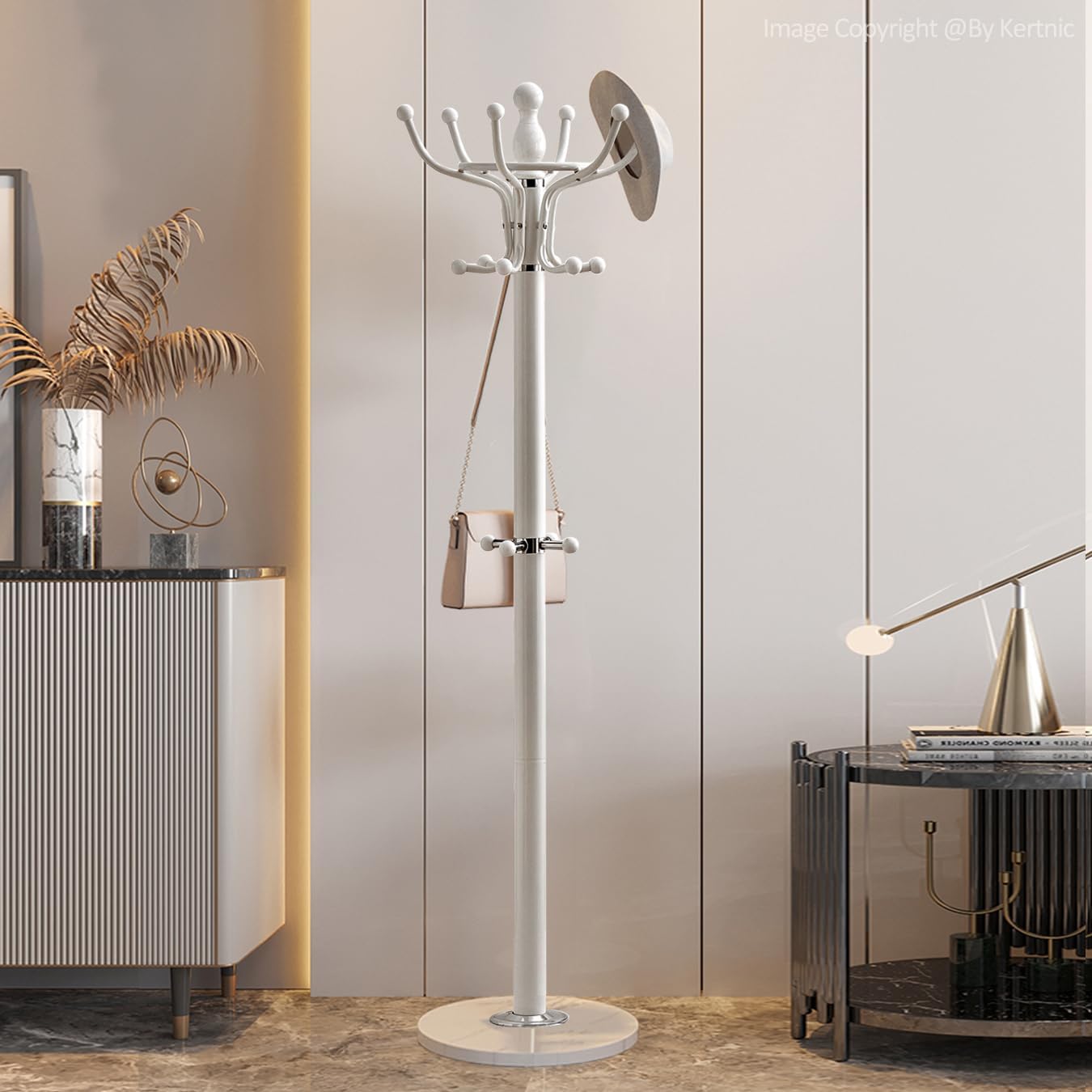 Kertnic Freestanding Coat Rack with 16 Hooks & Marble Base - Heavy Duty Metal Hall Tree Stand for Entryway, Hats, Coats, Bags Rack- Modern Hanger Organizer for Home, Office, Dorm (16 hooks -White)