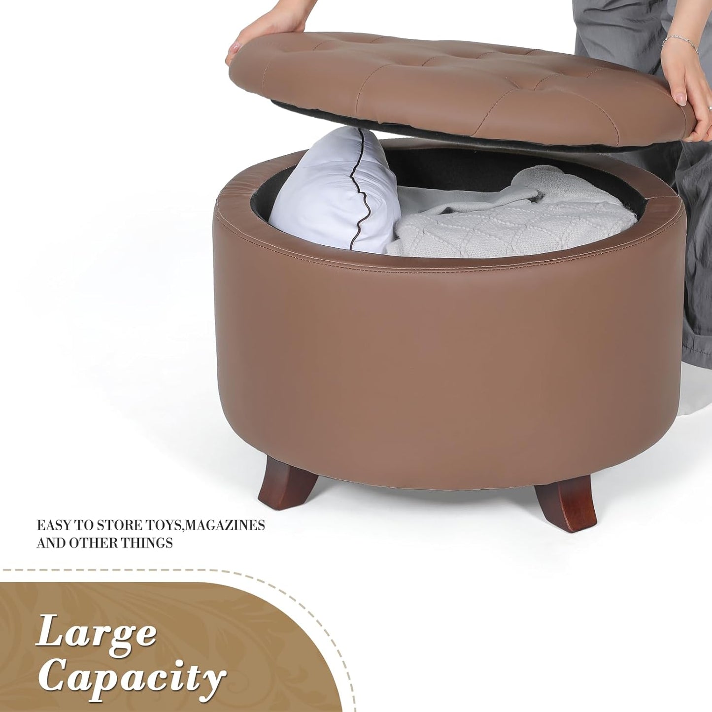 Athena Collection 24.5 Inch Small Ottoman with Storage, Round PU Leather Storage Ottoman Foot Rest with Removable Lid, Multipurpose Footstool Footrest for Livingroom, Bedroom, Dorm, Brown