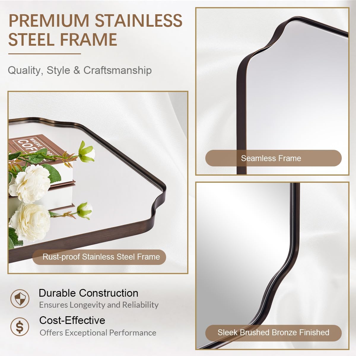 ANDY STAR Rectangle Mirror 30x40 Inch, Brushed Bronze Scalloped Mirror for Bathroom, Rust-Proof Stainless Steel 1" Frame, Antique Scalloped Edge Design Ideal for Home Decor