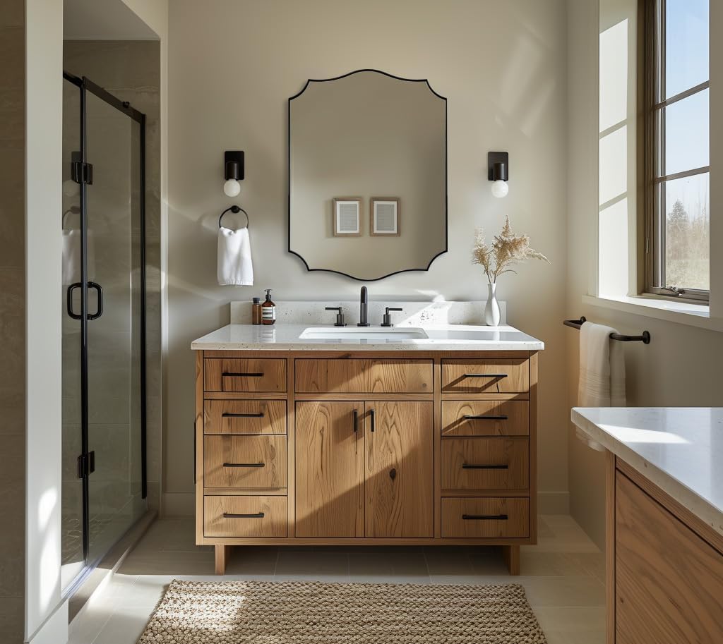 ANDY STAR Matte Black Bathroom Mirror, 24x32 Inch Scalloped Mirror for Bathroom, Black Irregular Mirror in Premium Stainless Steel 1“ Frame, Unique Wavy Shape, Italian Style