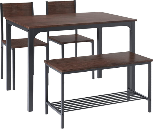 SogesHome 4-Piece Dining Table Set for 4 - Space-Saving Kitchen Set with Bench and Chairs, Ideal for Restaurants and Coffee Shops, Dark Walnut
