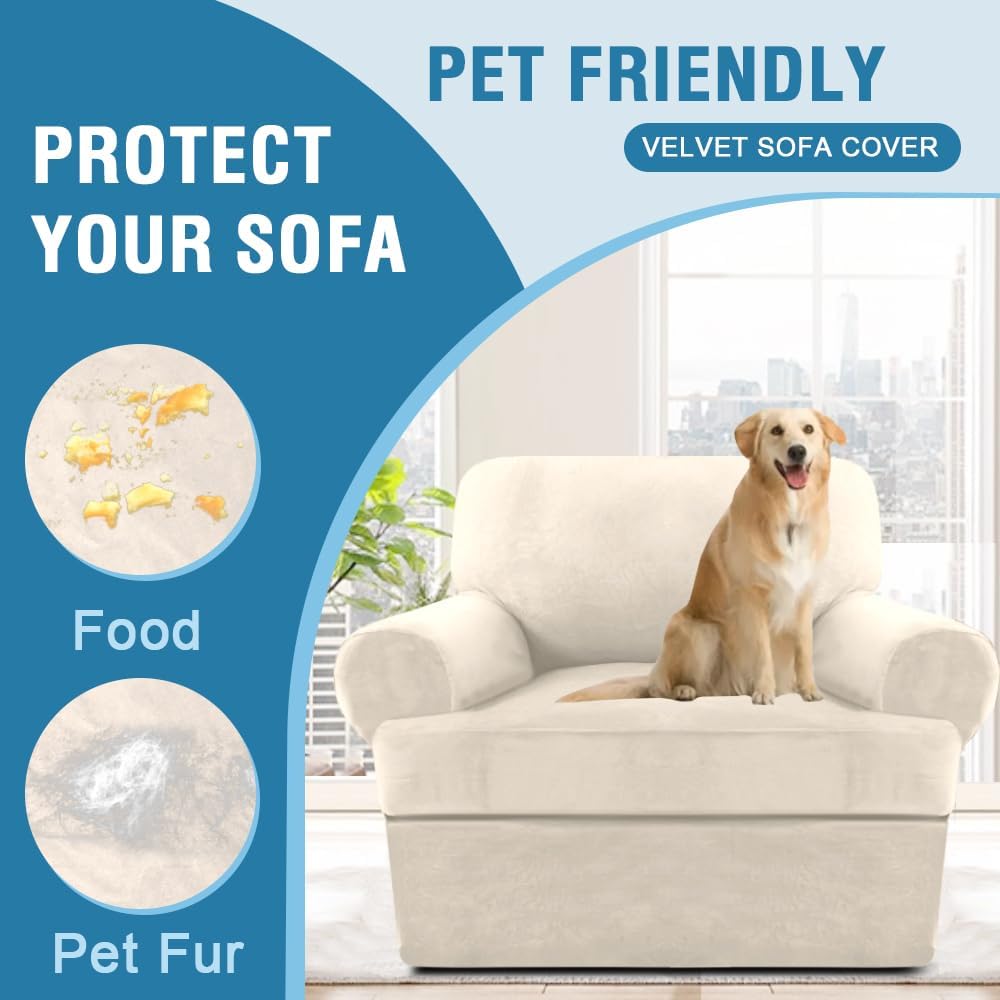 H.VERSAILTEX Sofa Cover 2 Piece T Cushion Armchair Slipcovers Thick Velvet Couch Cover Furniture Protector Stretch T Cushion Sofa Covers for 1 Cushion Couch with 1 Individual T Cushion Covers, Ivory