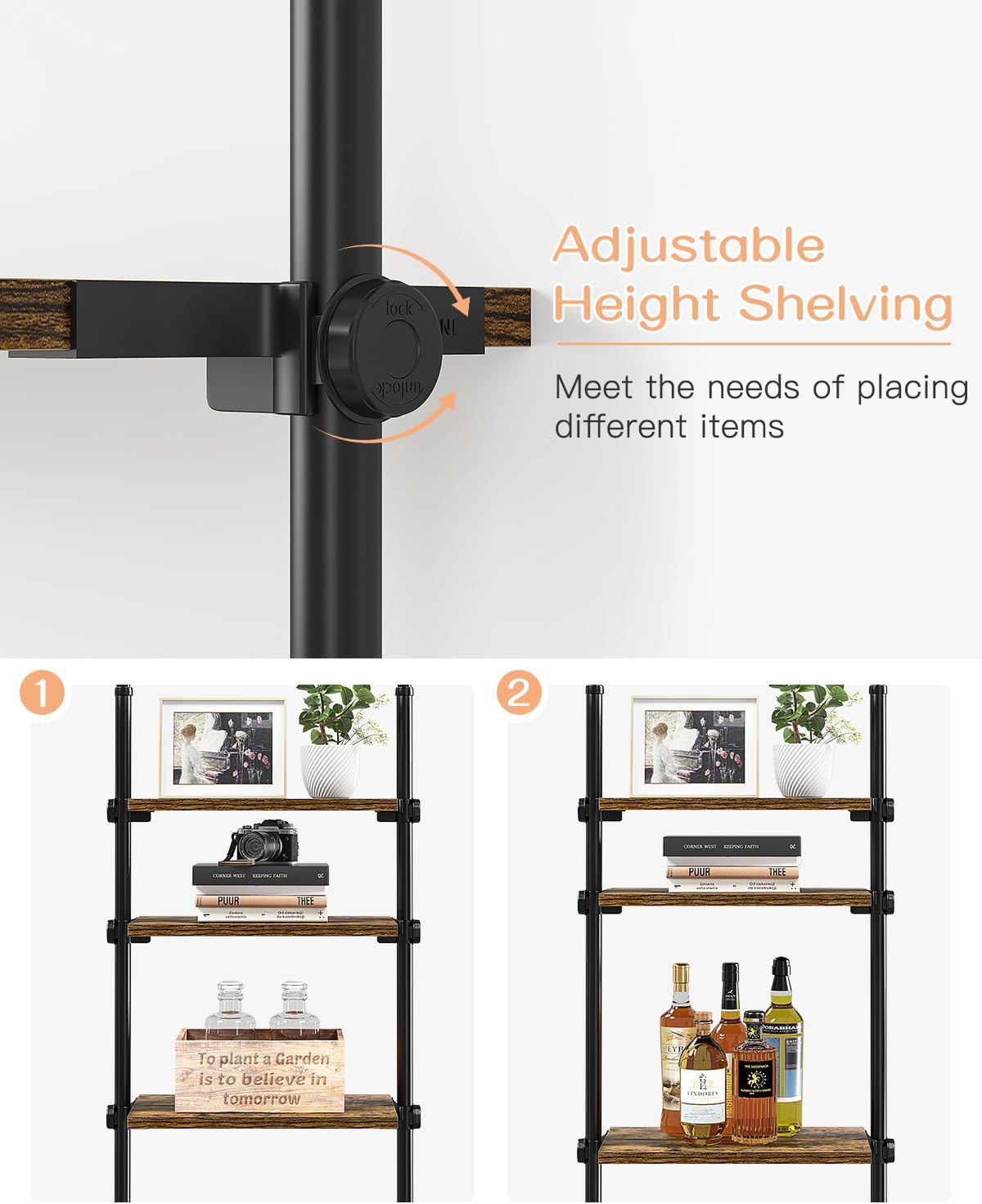 ALLZONE Adjustable Tall Narrow Bookshelf for Bedroom, 4-Tier Ladder Bookcase for Small Spaces, Tension Mount Tall Skinny Book Shelf with Open Storage, 64 to 113Inch Height