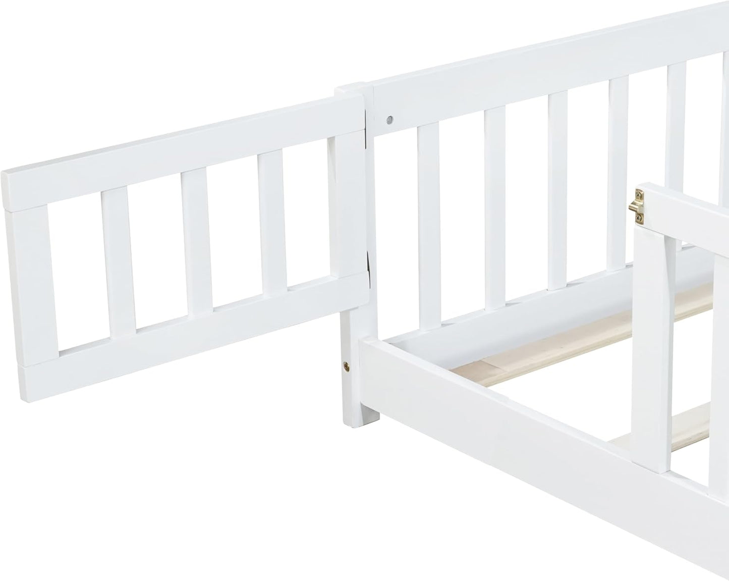 Twin Floor Bed with Slats and Center Support Bar, Wood Montessori Floor Bed with Fence and Door, Kids Montessori Bed Twin Size, Twin Size Montessori Floor Bed for Kids, Girls, Boys(Twin White)