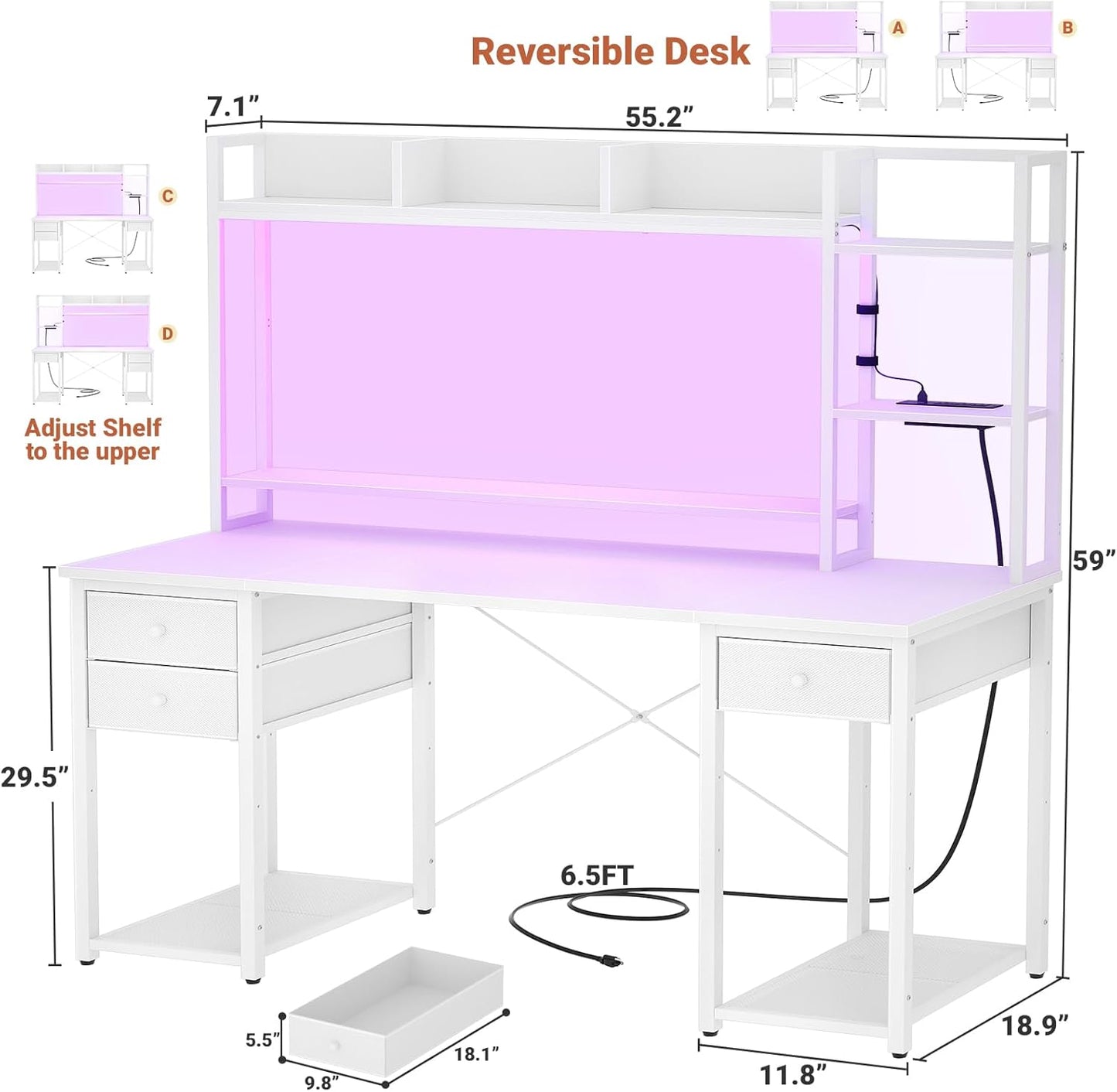 Aheaplus LED Gaming Desk with Hutch, 55.2" Workstation - White