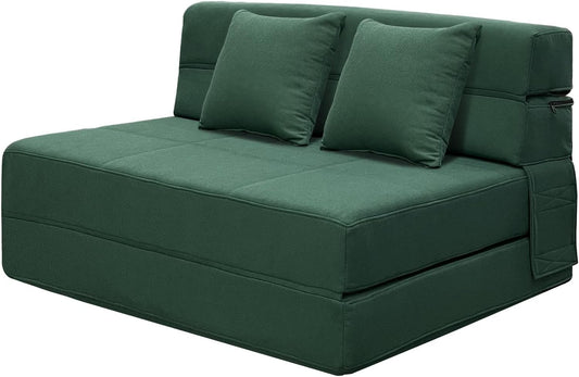 ANONER Fold Out Couch Bed Memory Foam Sleeper Chair with 2 Pillows, Queen Size Futon Couch Guest Convertible Chair Bed, Washable Cover, Dark Green