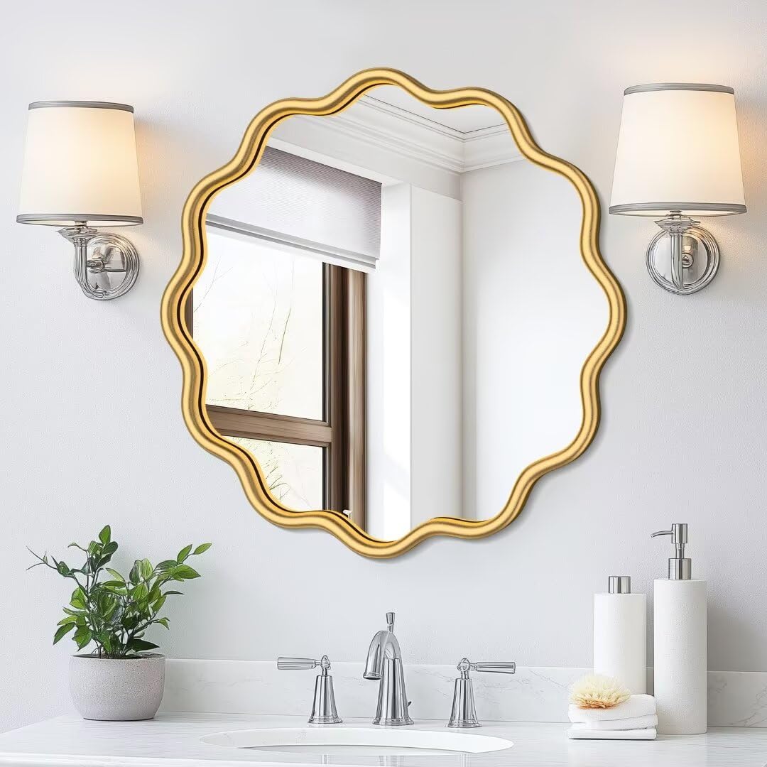 PROHOMEWARE Gold Round Mirror 20 Inch Wavy Bathroom Vanity Mirror Gold Frame Modern Wall Mirror Decorative Wall-Mounte Anti-Rust, Tempered Glass