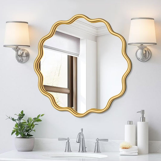 PROHOMEWARE Gold Round Mirror 20 Inch Wavy Bathroom Vanity Mirror Gold Frame Modern Wall Mirror Decorative Wall-Mounte Anti-Rust, Tempered Glass