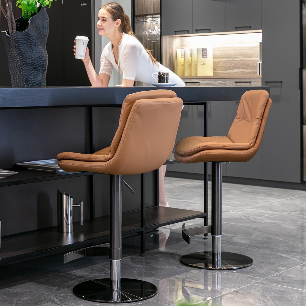 CozyRain Bar Stools Adjustable Stainless Steel Swivel Barstool with Back and Footrest,Modern Faux Leather Upholstered Bar Chairs for Home Kitchen,Bar, Counter Black/Light Brown (Light Brown)