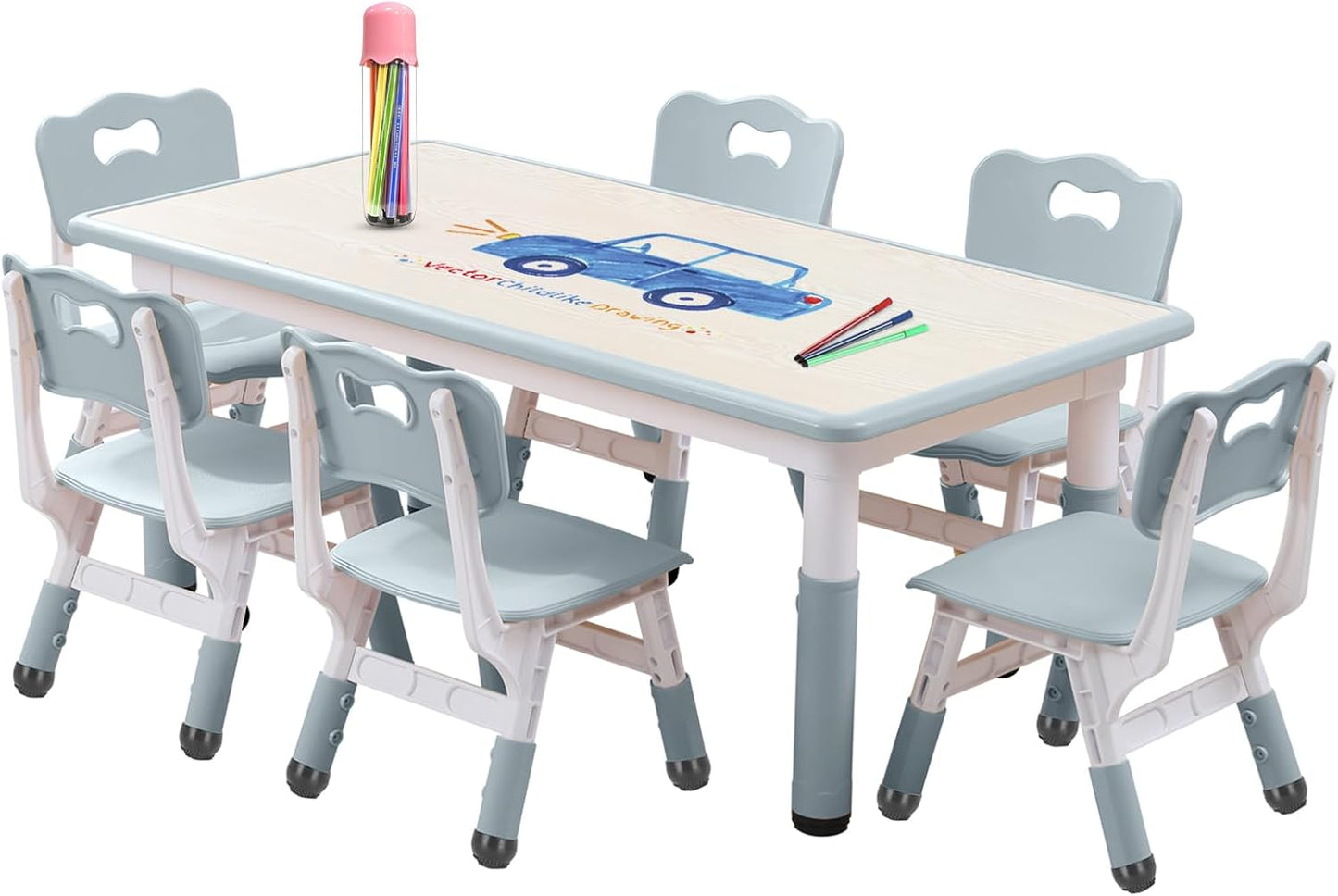Kids Table and Chairs Set, Height Adjustable Desk With 6 Seats for Ages 3-12,Arts & Crafts Table,Graffiti Desktop, Non-Slip Legs, Max 300lbs, Children Multi-Activity Table for Classrooms,Daycares,Home