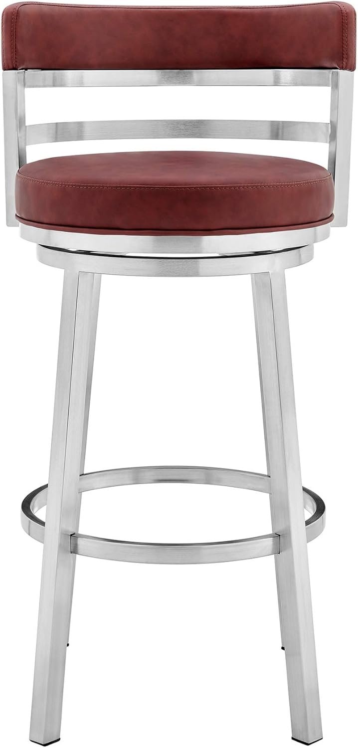Armen Living Madrid 26" Seat Height Swivel Modern Red Faux Leather and Brushed Stainless Steel Bar Stool for Kitchen Island Counter