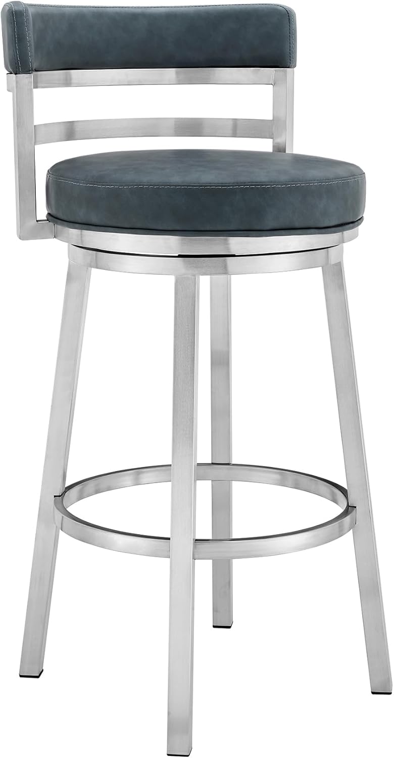 Armen Living Madrid 30" Seat Height Swivel Modern Blue Faux Leather and Brushed Stainless Steel Bar Stool for Kitchen Island Counter