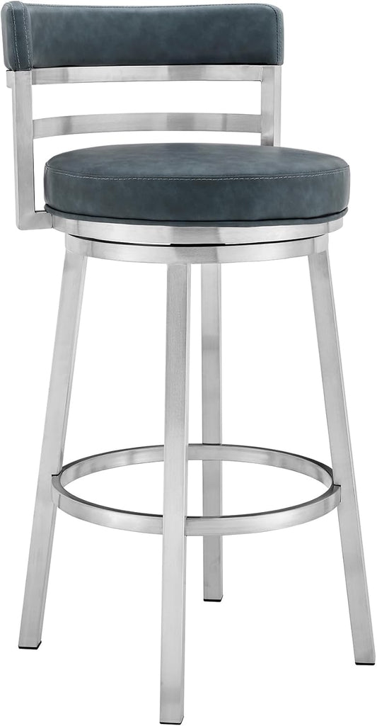 Armen Living Madrid 30" Seat Height Swivel Modern Blue Faux Leather and Brushed Stainless Steel Bar Stool for Kitchen Island Counter