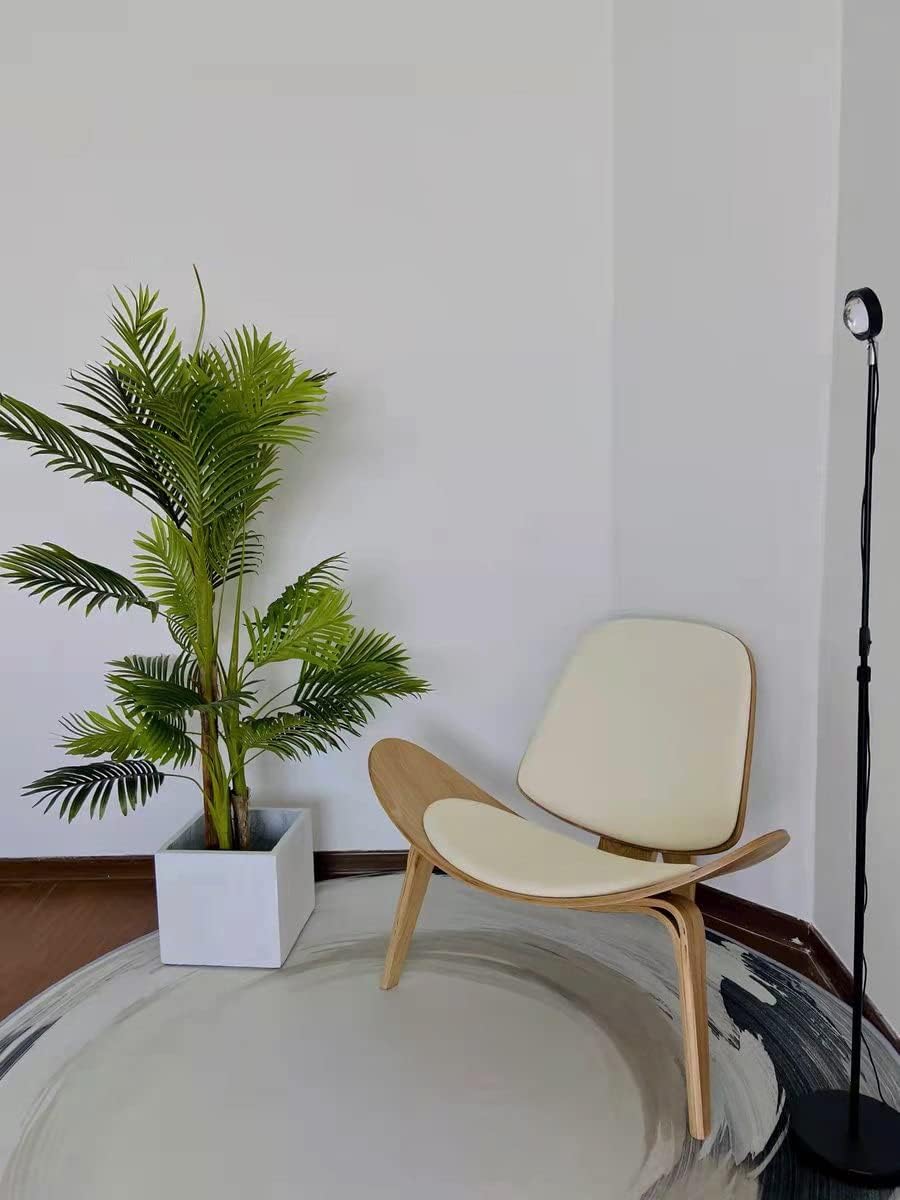 Hans Wegner Style Three- Legged Shell Chair Ash Plywood White Faux Leather Accent Chair Living Room Furniture Mid-Century Modern Shell Chair (Wood Color-White)