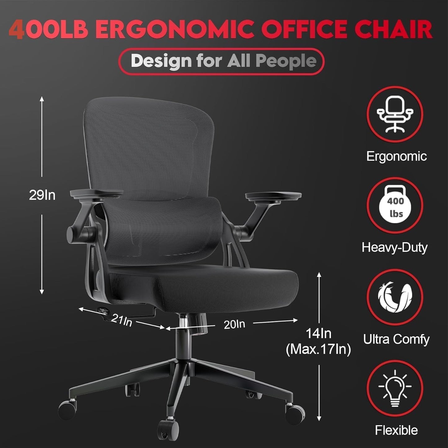 Big and Tall Ergonomic Office Chair，400LB Comfy Desk Chairs with Lumbar Back Support, Heavy Duty Mesh Computer Chairs with Wheels and Arms Comfortable for Home Office, Study, Bedroom