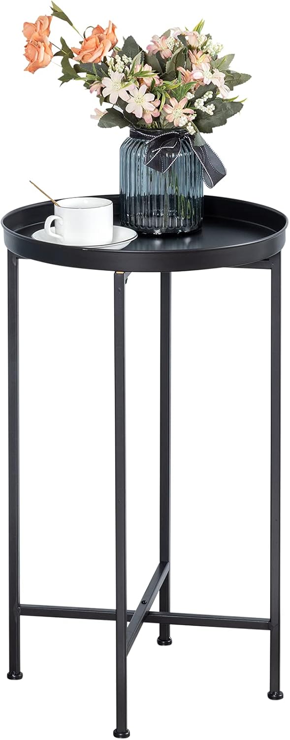 HollyHOME Small Round Metal Waterproof End Table, Accent Indoor&Outdoor Coffee Side Table, Snack Sofa Table for Living Room, Anti-Rust Decorative Plant Stand, (D) 14.5" x (H) 25", Black
