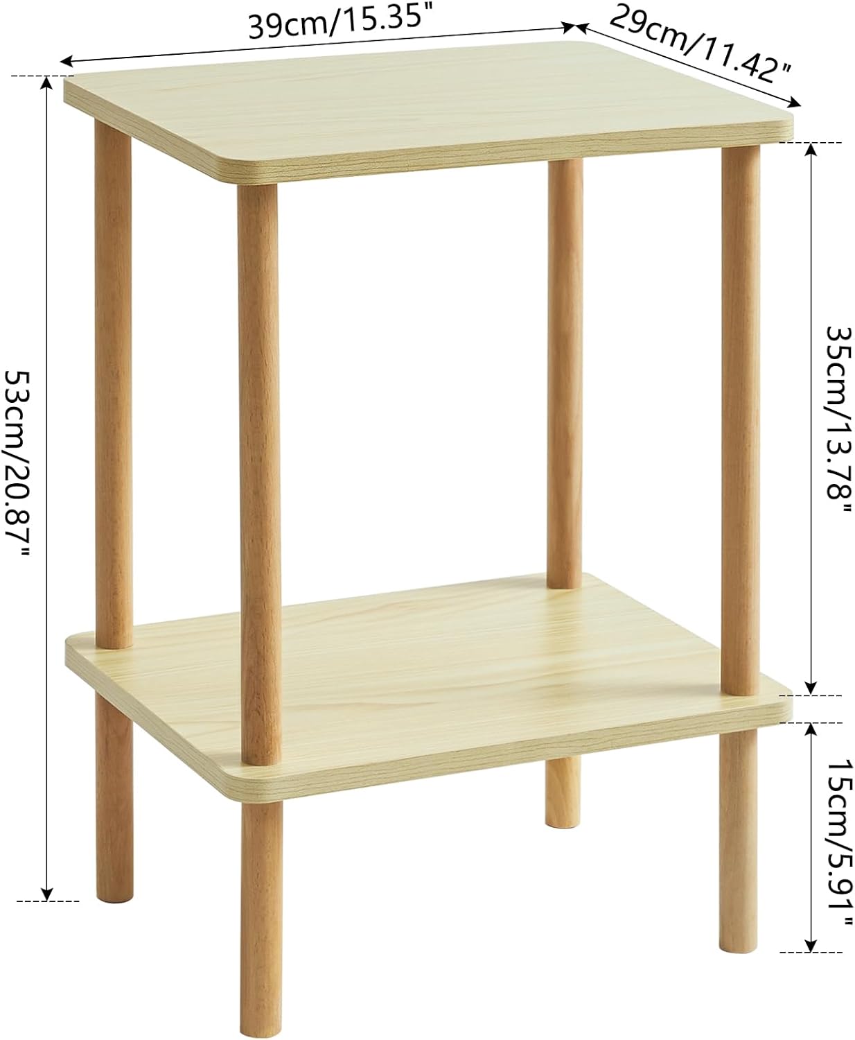 IBUYKE 2-Tier Side Table, Solid Wood Tall End Table with Storage Shelves, Nightstand Bedside Table for Living Room Bedroom Office, No-Tool Assembly, Light Natural UWST002S