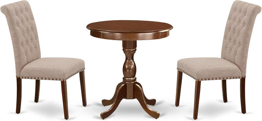 East West Furniture ESBR3-MAH-04 3 Piece Modern Dining Table Set Contains a Round Wooden Table with Pedestal and 2 Light Tan Linen Fabric Parson Dining Chairs, 30x30 Inch, Mahogany