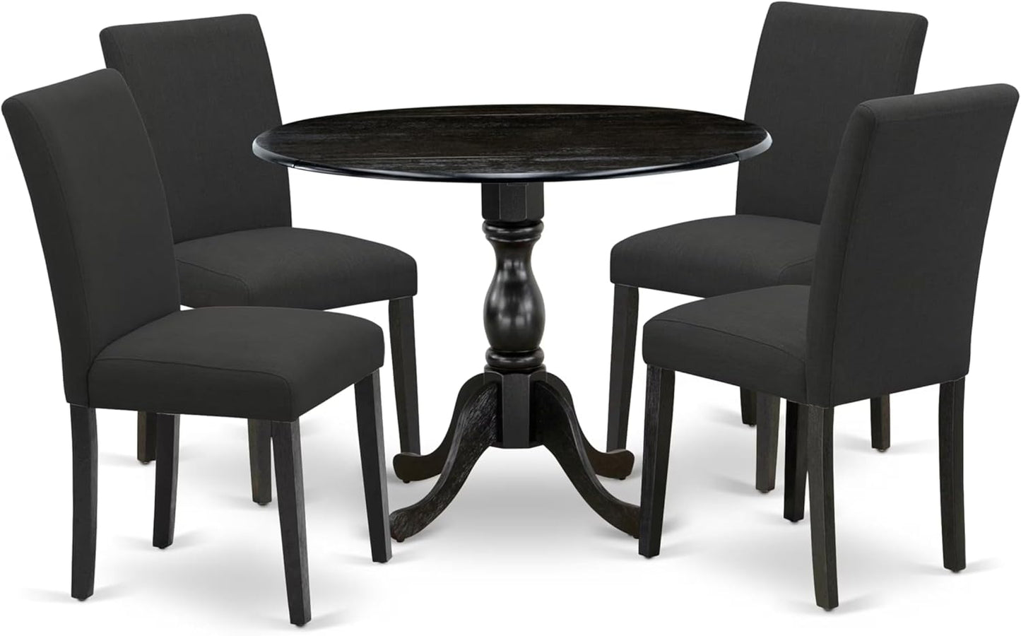 East West Furniture DMAB5-ABK-24 5 Piece Modern Dining Table Set Includes a Round Wooden Table with Dropleaf and 4 Black Color Linen Fabric Upholstered Chairs, 42x42 Inch, Wirebrushed Black