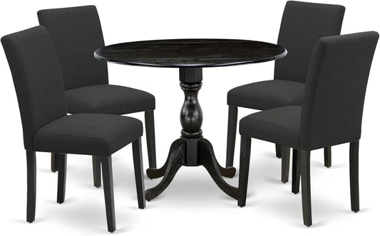 East West Furniture DMAB5-ABK-24 5 Piece Modern Dining Table Set Includes a Round Wooden Table with Dropleaf and 4 Black Color Linen Fabric Upholstered Chairs, 42x42 Inch, Wirebrushed Black