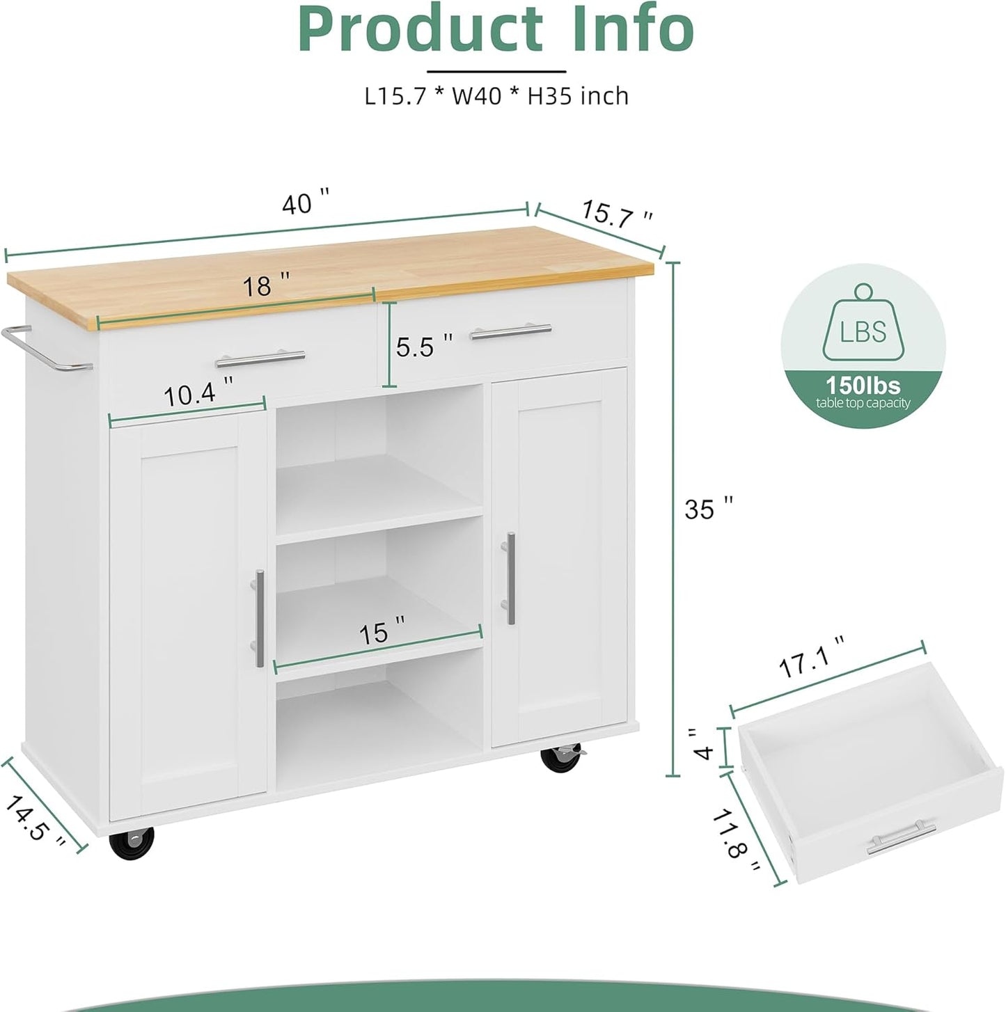 Shintenchi Kitchen Island with Storage, Kitchen Island Cart on Wheels with 3 Open Shelves, 2 Drawers and 2 Cabinets, Rolling Kitchen Table with Large Countertop, White