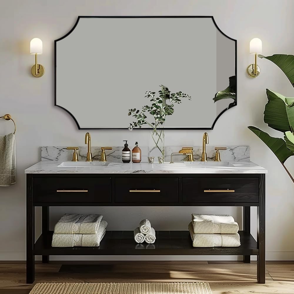 ANDY STAR 30x48 Inch Mirror, Matte Black Bathroom Vanity Mirror, Scalloped Rectangle Mirror in Premium Stainless Steel Metal Thin Frame Deep 1", Large Wall-Mounted Mirror (Horizontal/Vertical)