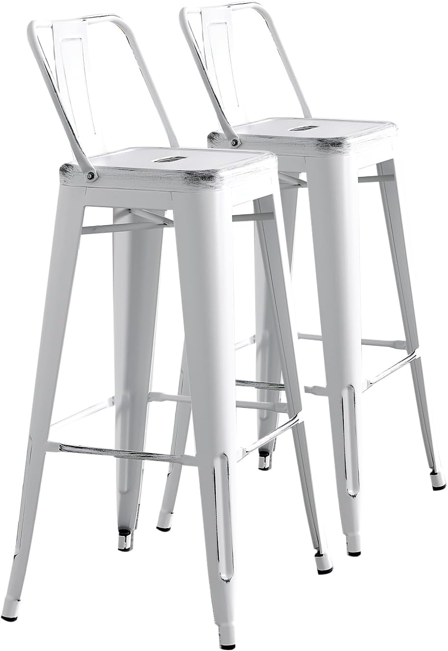 AC Pacific 30” Metal Barstool Set of 2 – Country Rustic Style with Low Back, Lightweight & Sturdy Build, Easy Assembly – Distressed Snow White