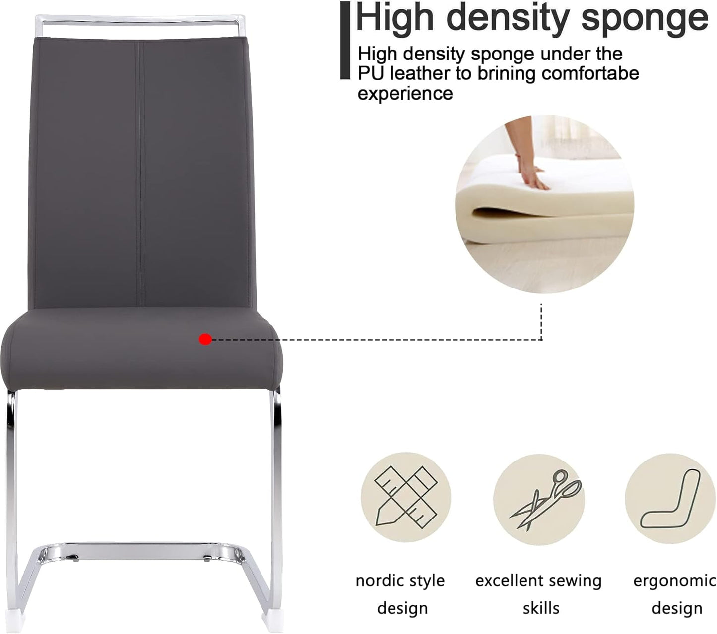 Dining Chairs Set, Kitchen Modern Metal Chairs with Faux Leather Padded Seat High Back and Sturdy Chrome Legs, Chairs for Dining Room (Grey, Set of 2)