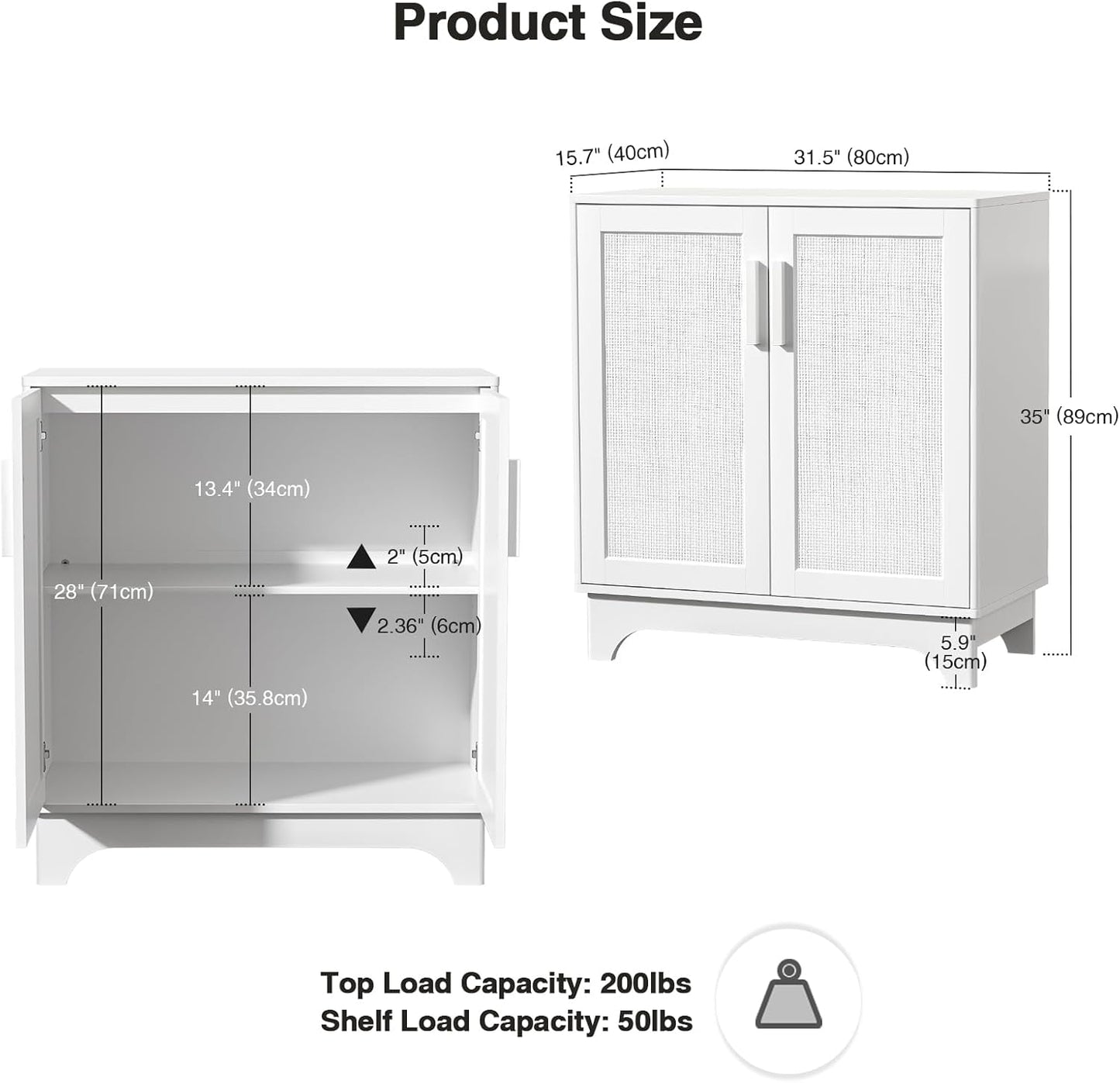 Rattan Cabinet, Sideboard Storage Cabinet with 2 Doors Buffet Cabinet with Adjustable Shelf Large Space, Kitchen Sideboard Buffet for Entryway Hallway