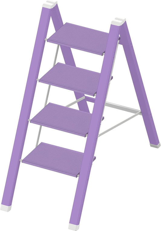 Lightweight Folding Step Ladder Household, Aluminum 4 Step Ladder Foldable for Home, Sturdy Step Stool for Adults 330 Lbs - Purple