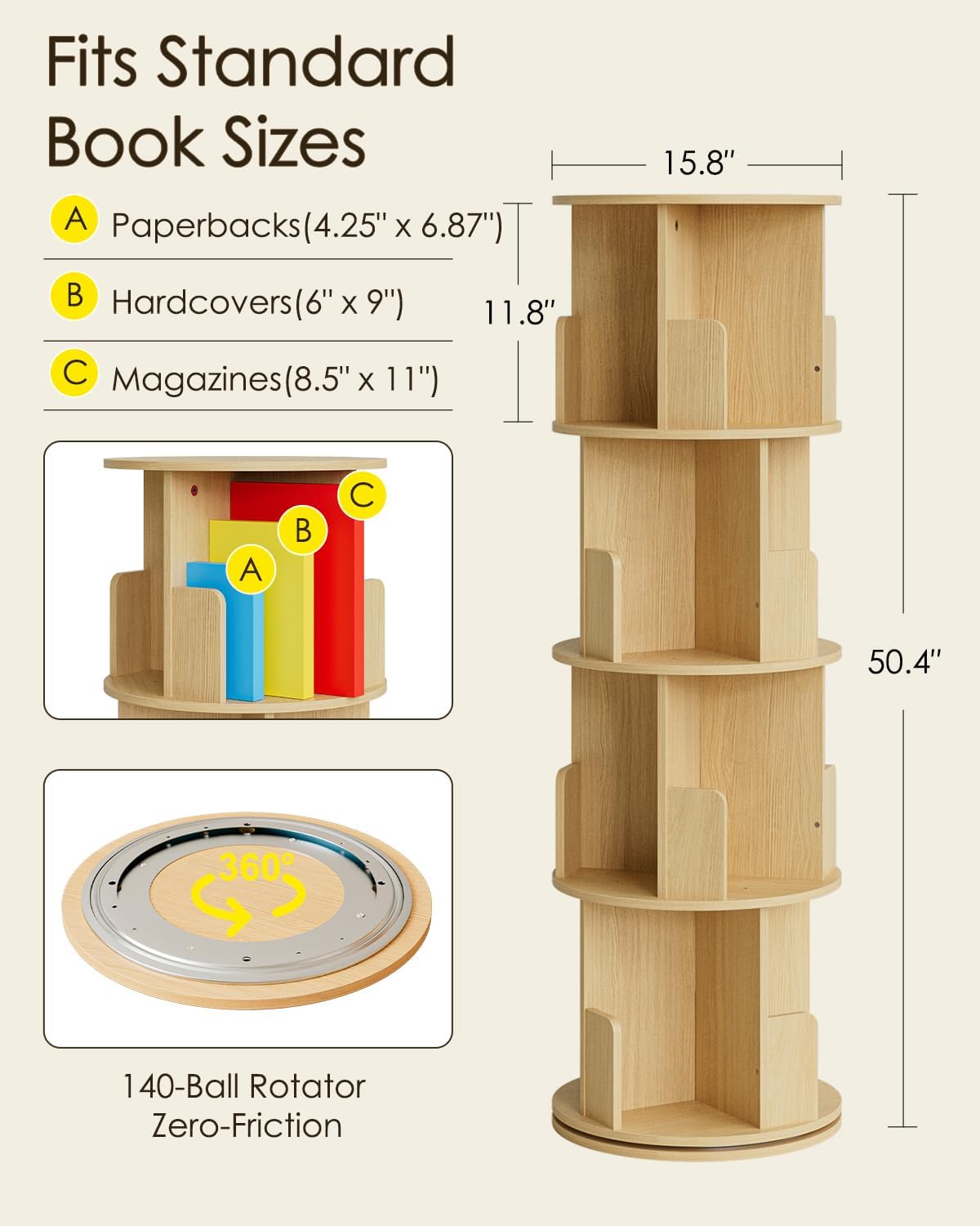 Masupu Rotating Bookshelf, Tall 4 Tier Rotating Spinning Bookshelf Tower, 360 Spinning Floor Standing Bookcase Storage Rack, Conner Rotating Book Shelf for Kids Rooms, Bedroom, Living Room