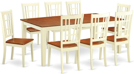 East West Furniture QUNI9-WHI-W 9 Piece Dining Set Includes a Rectangle Dining Table with Butterfly Leaf and 8 Kitchen Chairs, 40x78 Inch, Buttermilk & Cherry