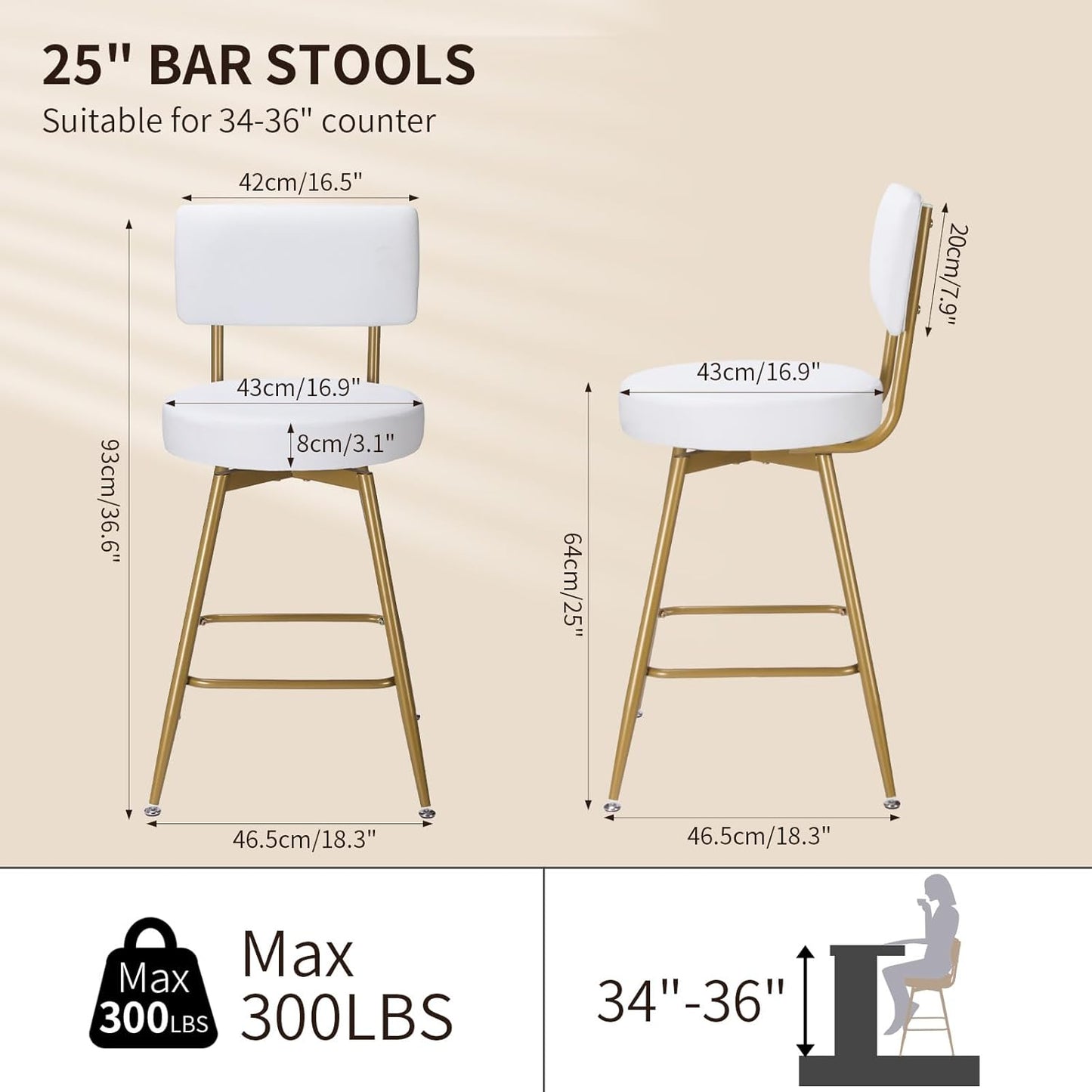 Gold White Bar Stools Set of 2, Modern Counter Height Bar Stools, 25" Upholstered Swivel Round Barstools with Back Bar Chair Island Stool for Kitchen Counter, White Gold