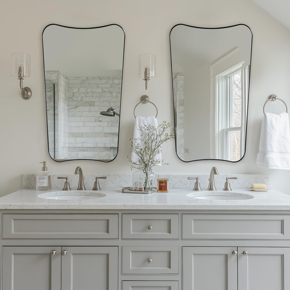 ANDY STAR Brushed Nickel Mirror 24x40 Inch, Silver Irregular Bathroom Mirror, Large Decorative Mirror in Anti-Rust Stainless Steel Metal Frame Deep 1’’, Ideal for Home Decor