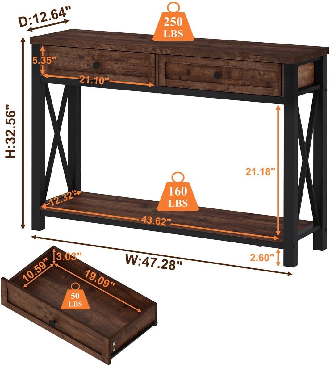 BON AUGURE Console Table with 2 Drawers, Entryway Tables with Storage, Sofa Table Behind Couch for Living Room, Farmhouse Entry Tables for Hallway, Foyer, Front Door (Rustic Oak, 47 Inch)
