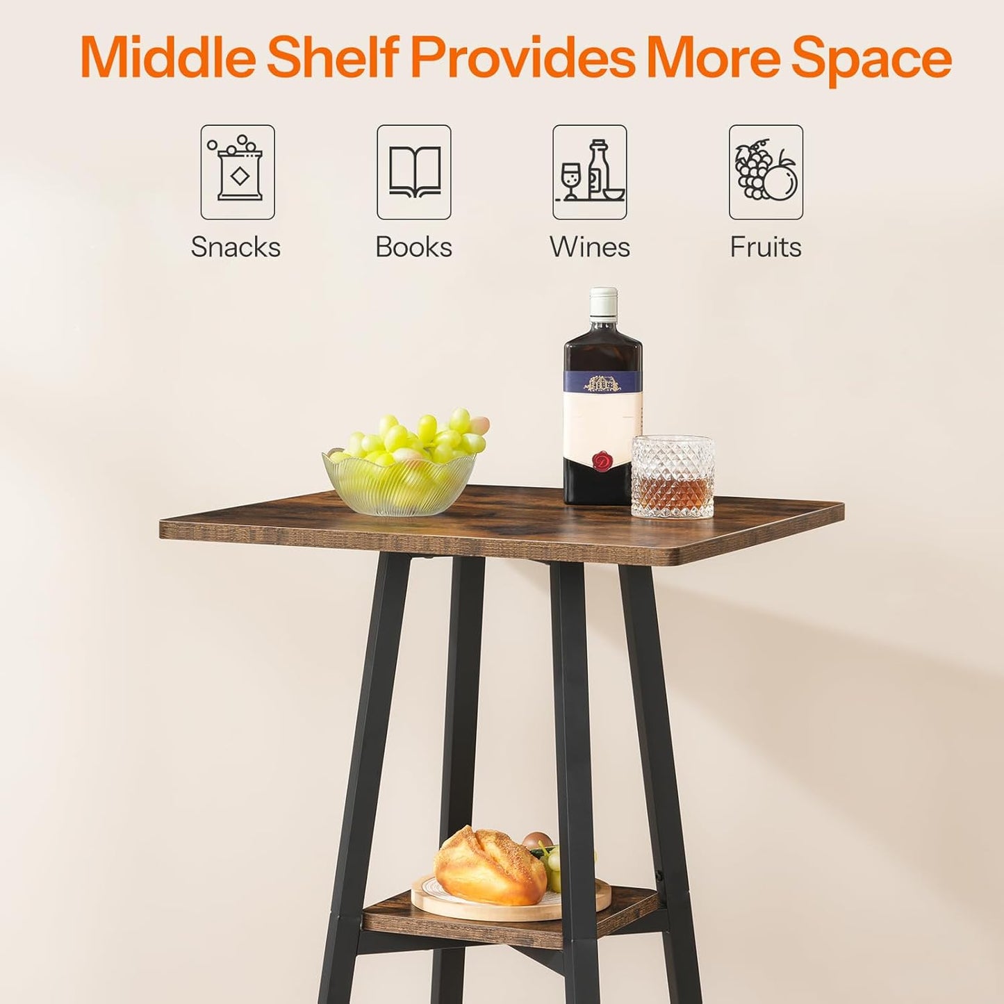 HOOBRO Bar Table, 2-Tier High Top Pub Table, Counter Height Table with Storage, Small Kitchen Dining Table, 36.6" High Bar Table for Living Room Party, Easy to Assemble, Rustic Brown BF51BT01