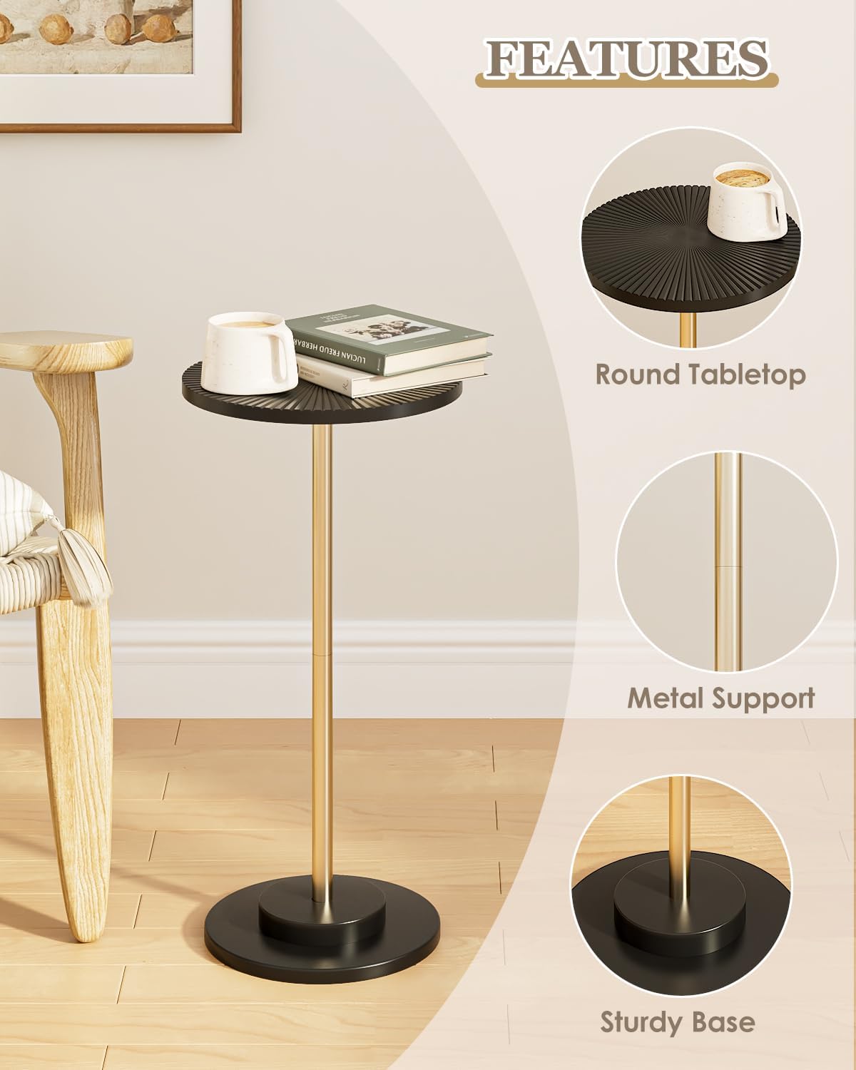 Round Side Table, Small Drink Table for Small Spaces, Modern Accent End Table Coffee Table with Metal Leg for Living Room, Bedroom, Corners, and Office (Black Gold)