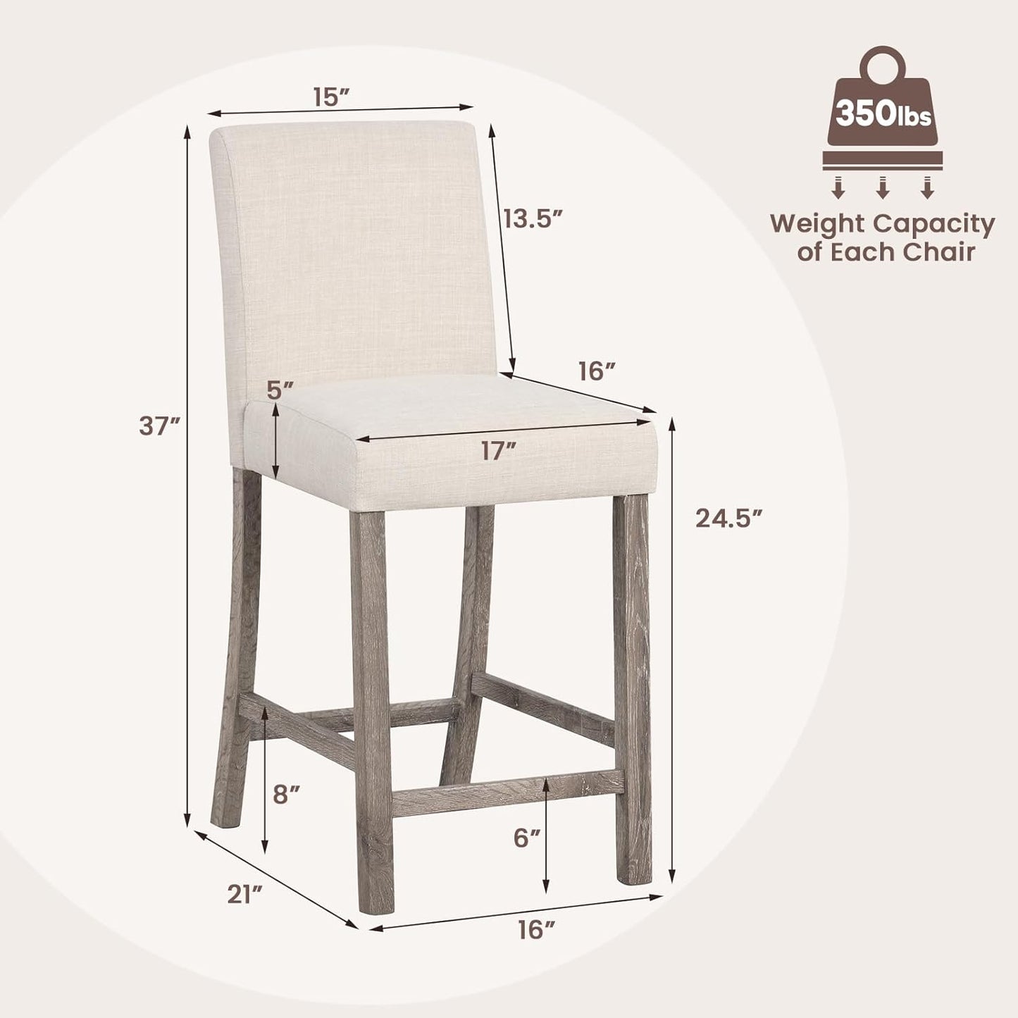 COSTWAY Upholstered Counter Height Stools Set of 2, Bar Stools w/Ergonomic Backrest, Solid Wood Frame, 24.5” Fabric Counter Height Chairs for Kitchen Island, Dining Room, Pub (Beige)