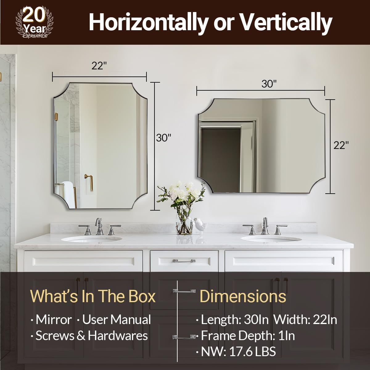 ANDY STAR Brushed Nickel Mirror 22x30 Inch, Scalloped Bathroom Mirror, Silver Bathroom Mirror in Anti-Rust Stainless Steel Metal Thin Frame Deep 1’’, Wall-Mounted Mirror (Horizontal/Vertical)