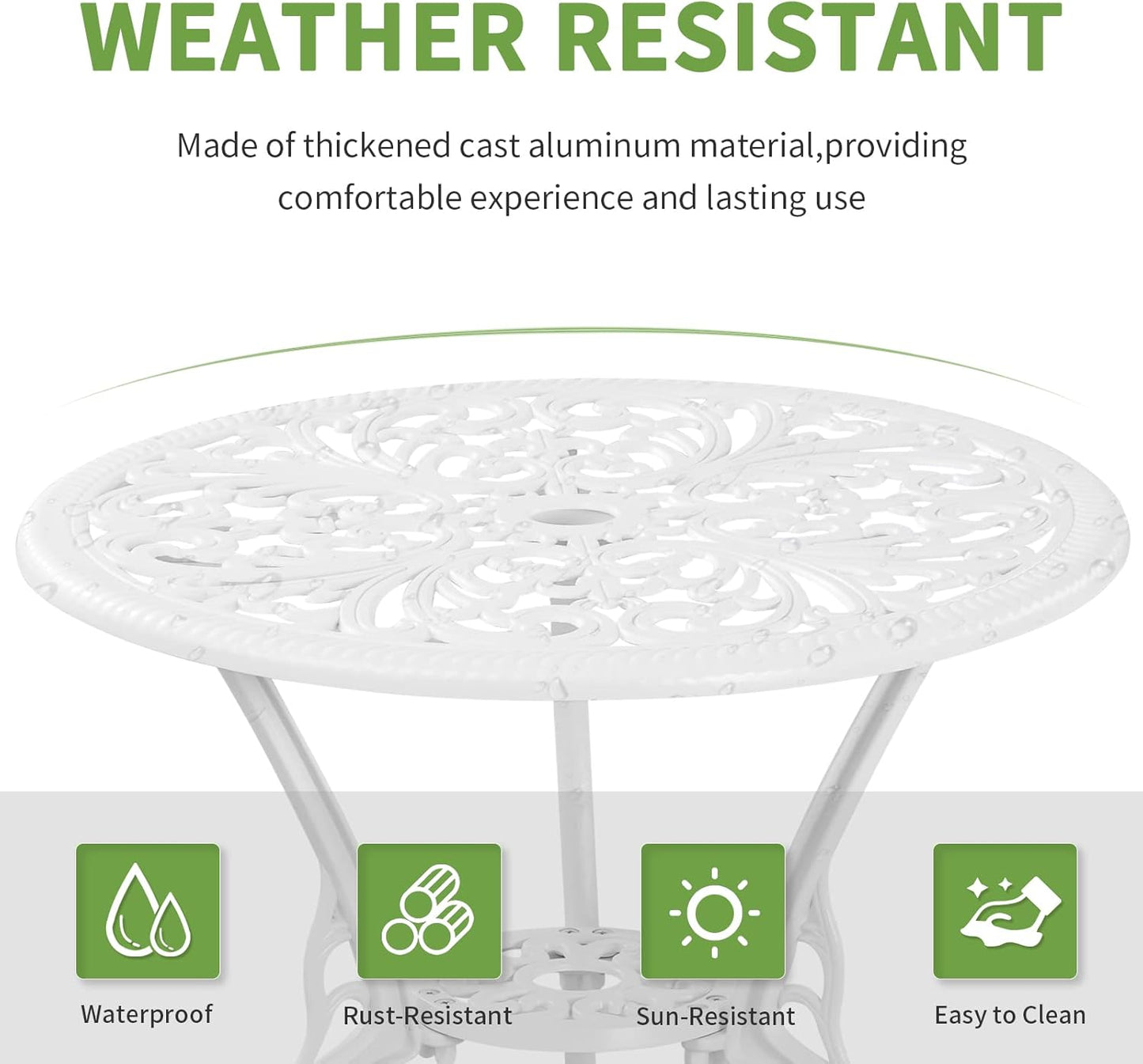 Bistro Set 3 Piece Outdoor Cast Aluminum Patio Bistro Set with Umbrella Hole, All Weather Bistro Table and Chairs Set, Small Patio Furniture Set for Garden, Porch,White