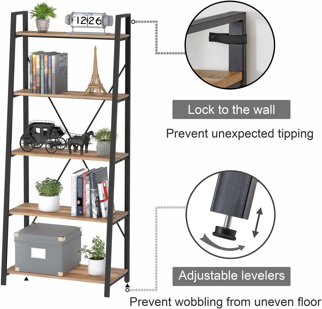 BON AUGURE Industrial 5 Tier Ladder Bookshelf, Wood and Metal Ladder Shelf Bookcase, Farmhouse Leaning Shelves for Living Room (Vintage Oak)