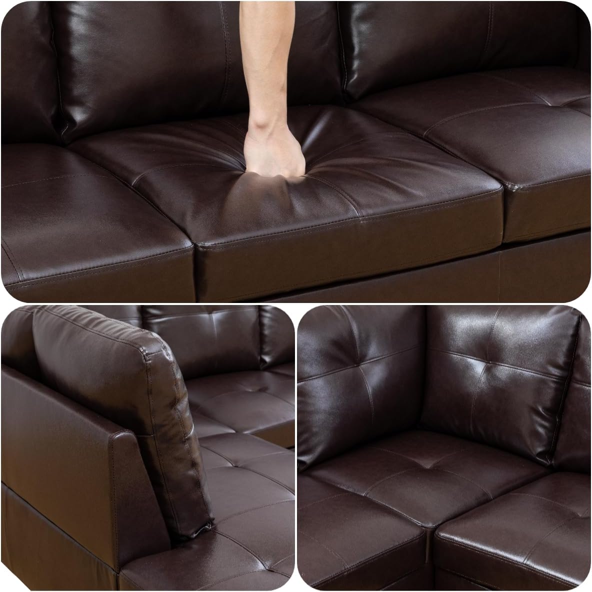 Modern Living Room Furniture Sets with Pillows, Modular Sectional Couches with Chaise Lounge, 4-Seaters L Shape Sofa with Storage Ottoman, for Living Room, Faux Leather, Brown