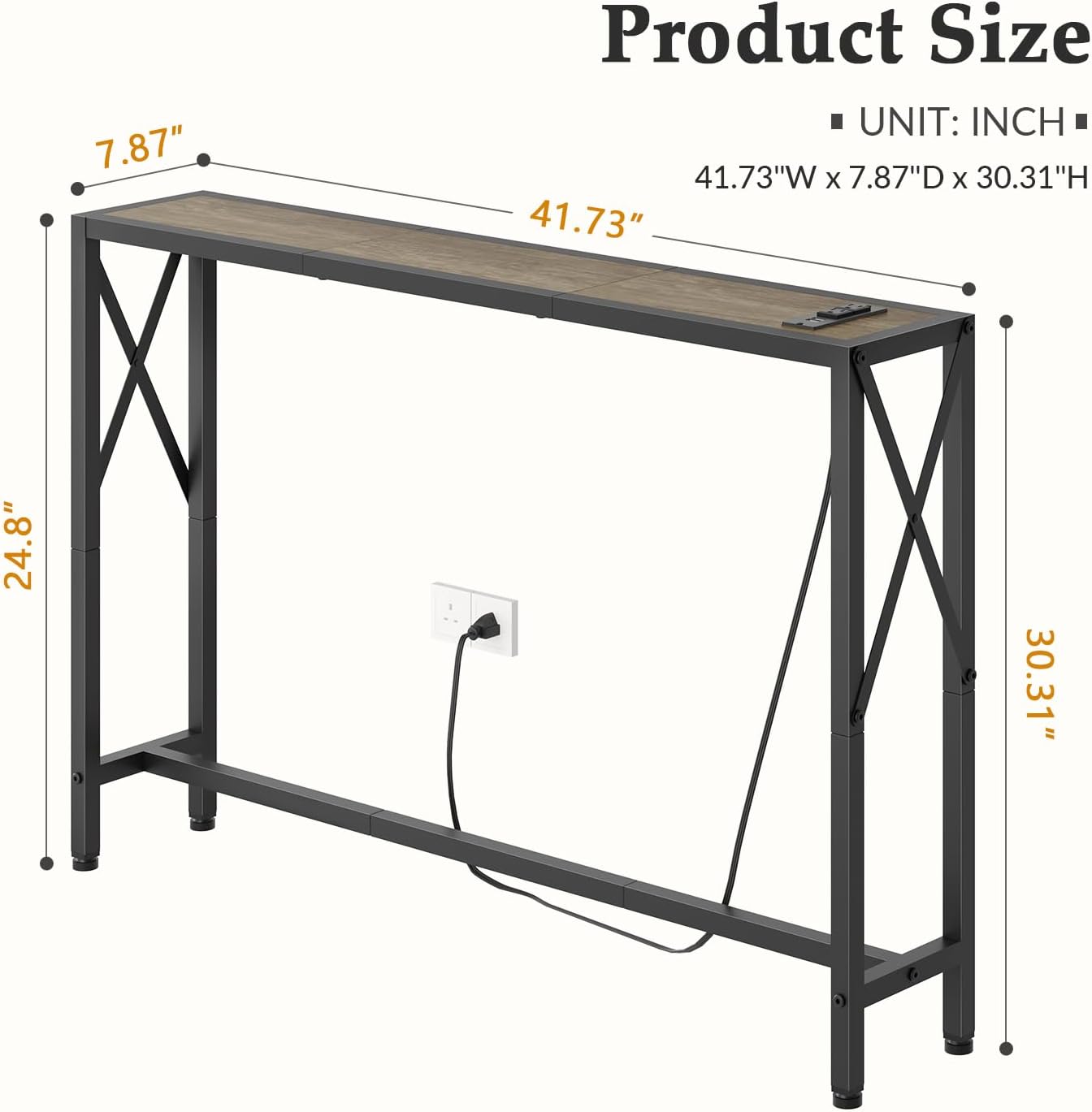 41.7" Console Table, Narrow Behind The Couch Table with Outlet, Industrial Skinny Sofa Table for Hallway, Entryway, Living Room,Walnut