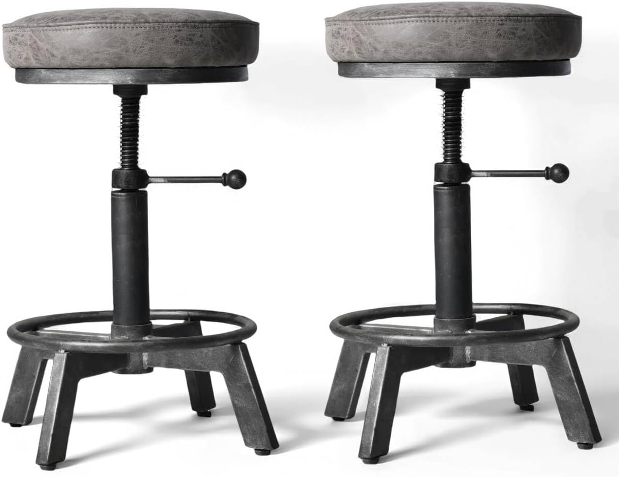 Set of 2 Swivel Pu Seat Bar Stools Industrial Style 17-24inch Height Adjustable Kitchen Stool Extra Guest Chair
