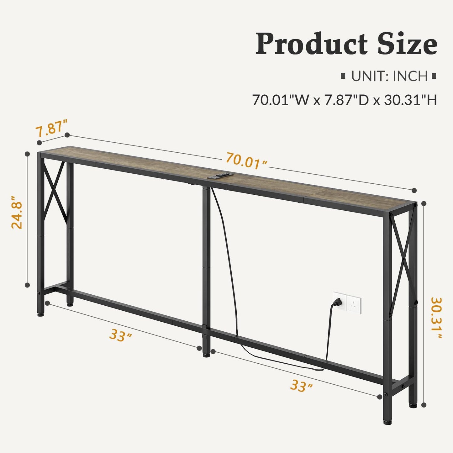 70" Sofa Tables Narrow Long, Behind Couch Table with Oulets & USB Ports, Industrial Long Skinny Stand for Entryway,Hallway, Living Room, Bedroom 7.9" D x 70" W x 24.8" H