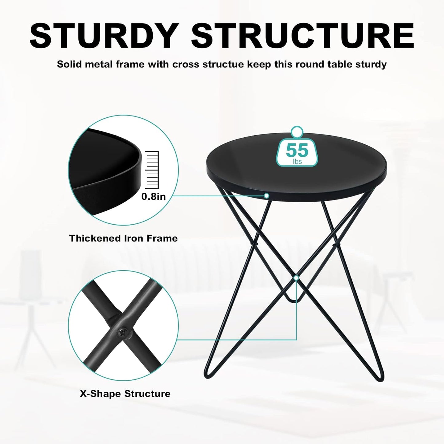 HLR Modern Round Side Table Set of 2, End Table with Marble Effect Top and Gold Metal Frame, Small Side Table for Living Room, Bedroom, Sofa and Couch, Black Legs, Black Glass top