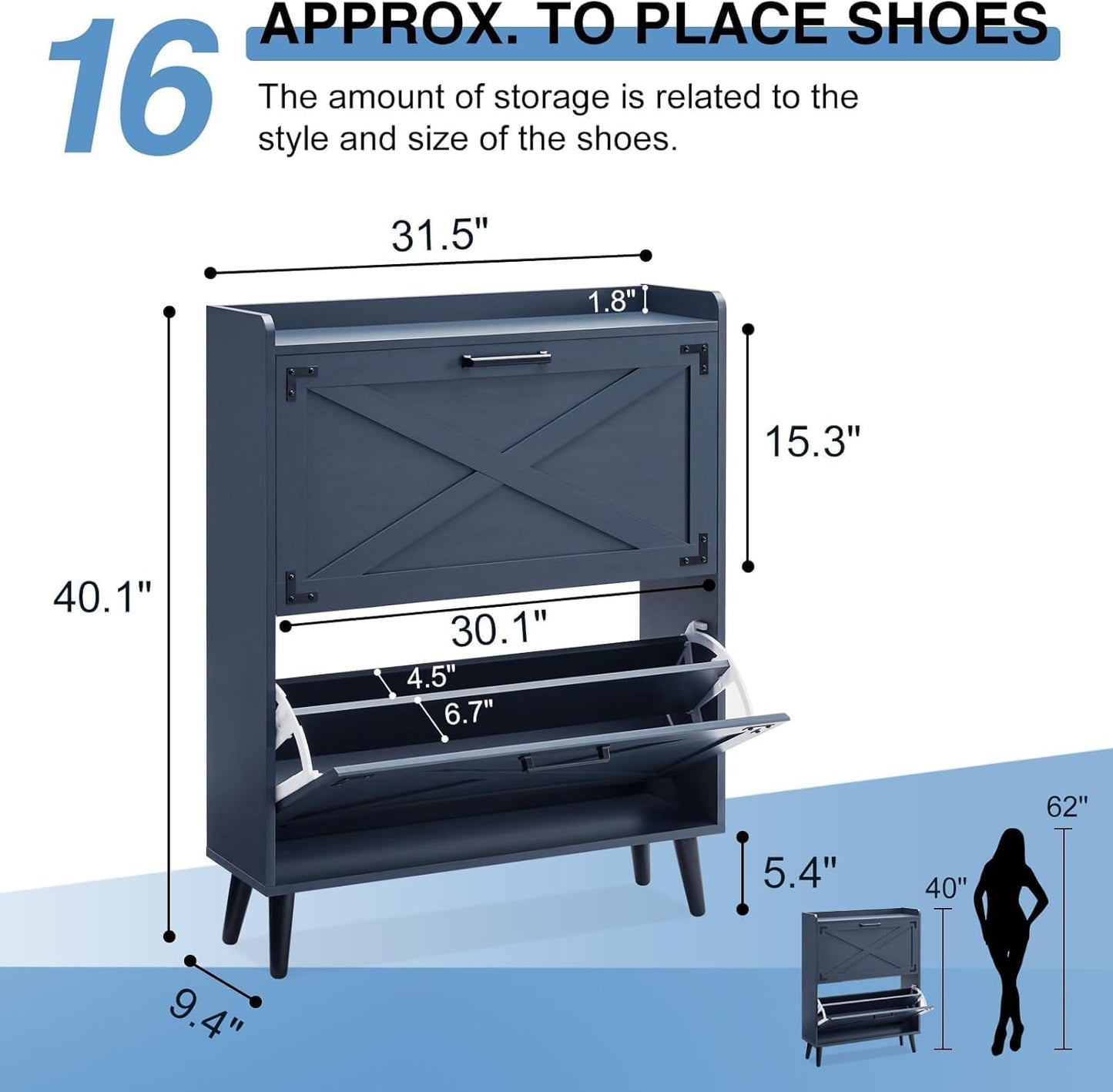 Shoe Storage Cabinet,Farmhouse Shoe Organizer with 2 Flip Drawers & Barn Door Design,Freestanding Hidden Slim Narrow Shoe Rack Cabinet for Entryway,Foyer,Hallway,Blue