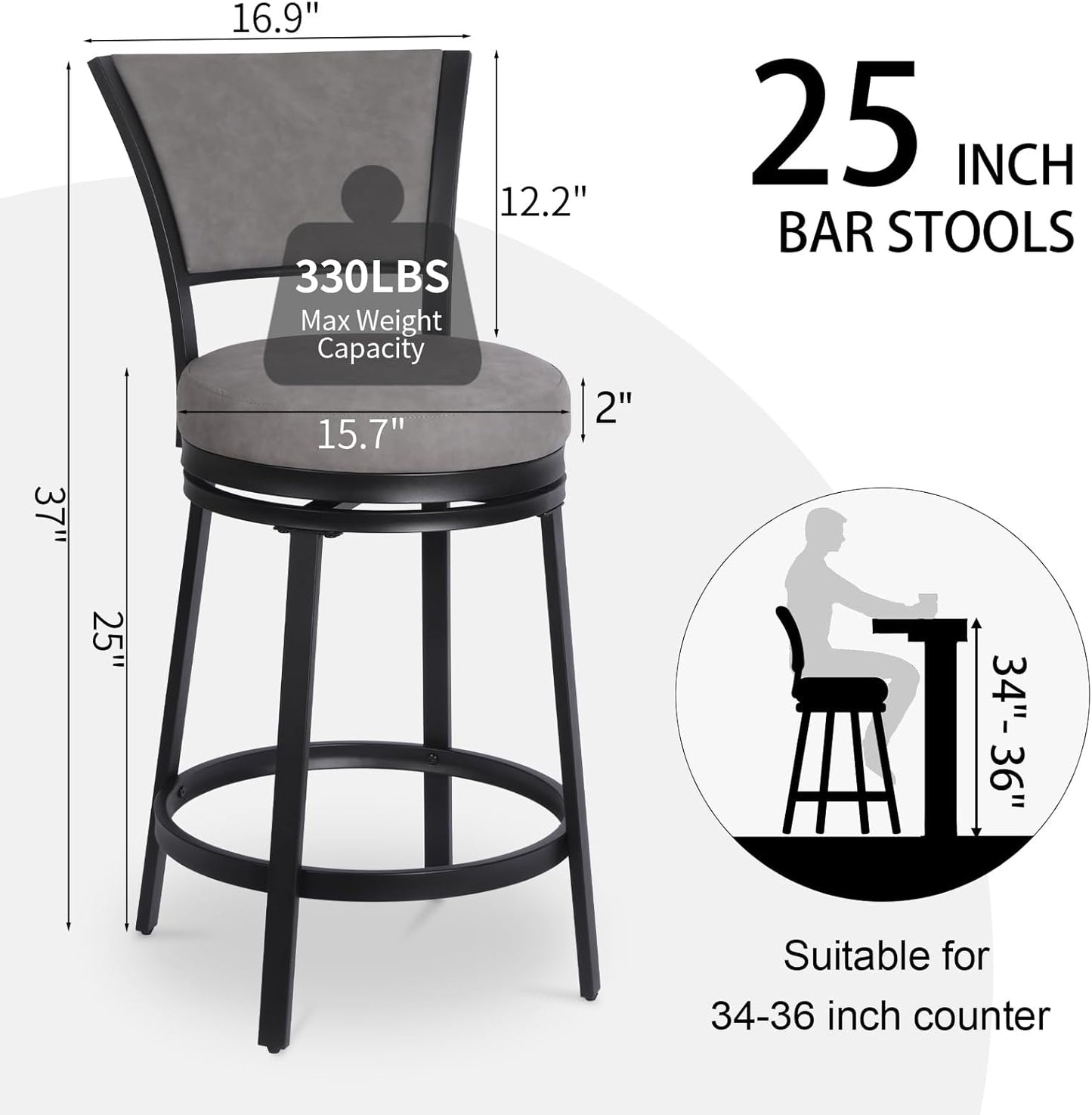 Bar Stools Set of 2, 25 Inch Metal Counter Height Bar Chairs, Modern Faux Leather 360° Round Swivel Barstools with Back, Counter Stools for Kitchen Island, Pub, Grey