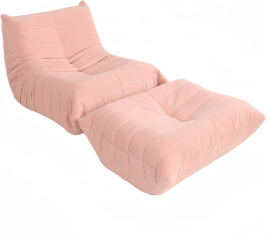 Bean Bag Chair - Memory Foam Bean Bag Chair for Adults, Comfy High-Resilience Single Sofa, Small Space Floor Chair, Chaise Lounge for Living Room, Bedroom (Pink, Wrinkles+Ottoman)